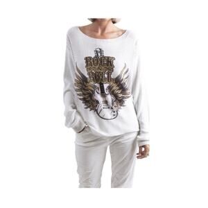 Gigi Moda Vena Long Sleeve Knit Print Trendy Sweater Metallic Thread White O/S